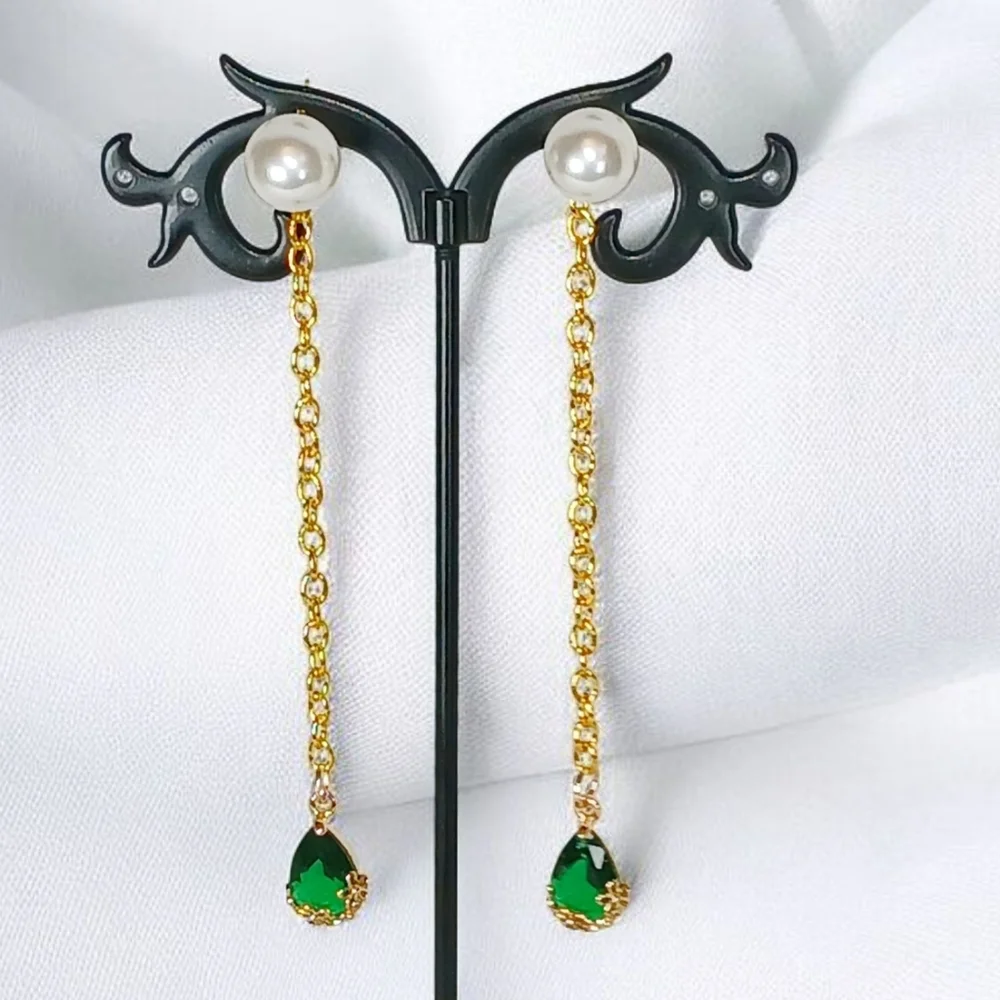 Gold Pearl Stud Earrings Linear Drop Emerald Tear Drop Charms Shoulder Dusters